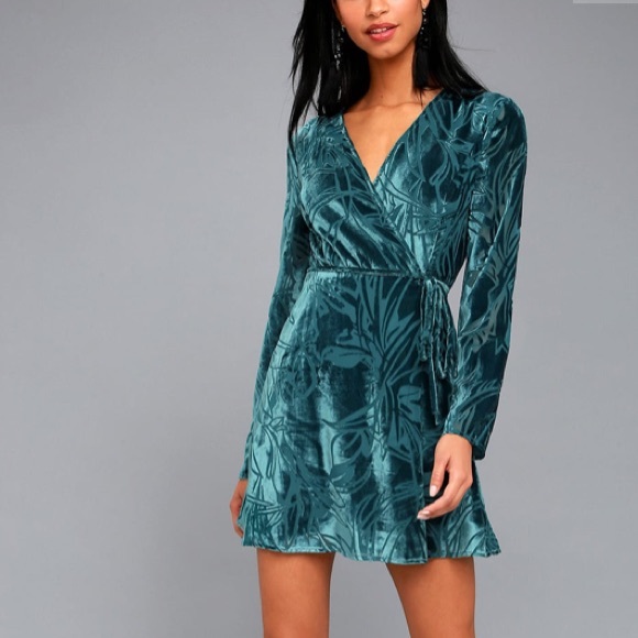 teal velvet wrap dress